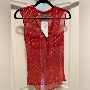 Aryn K Red Sleeveless Sheer Blouse with Gold Dot Detail